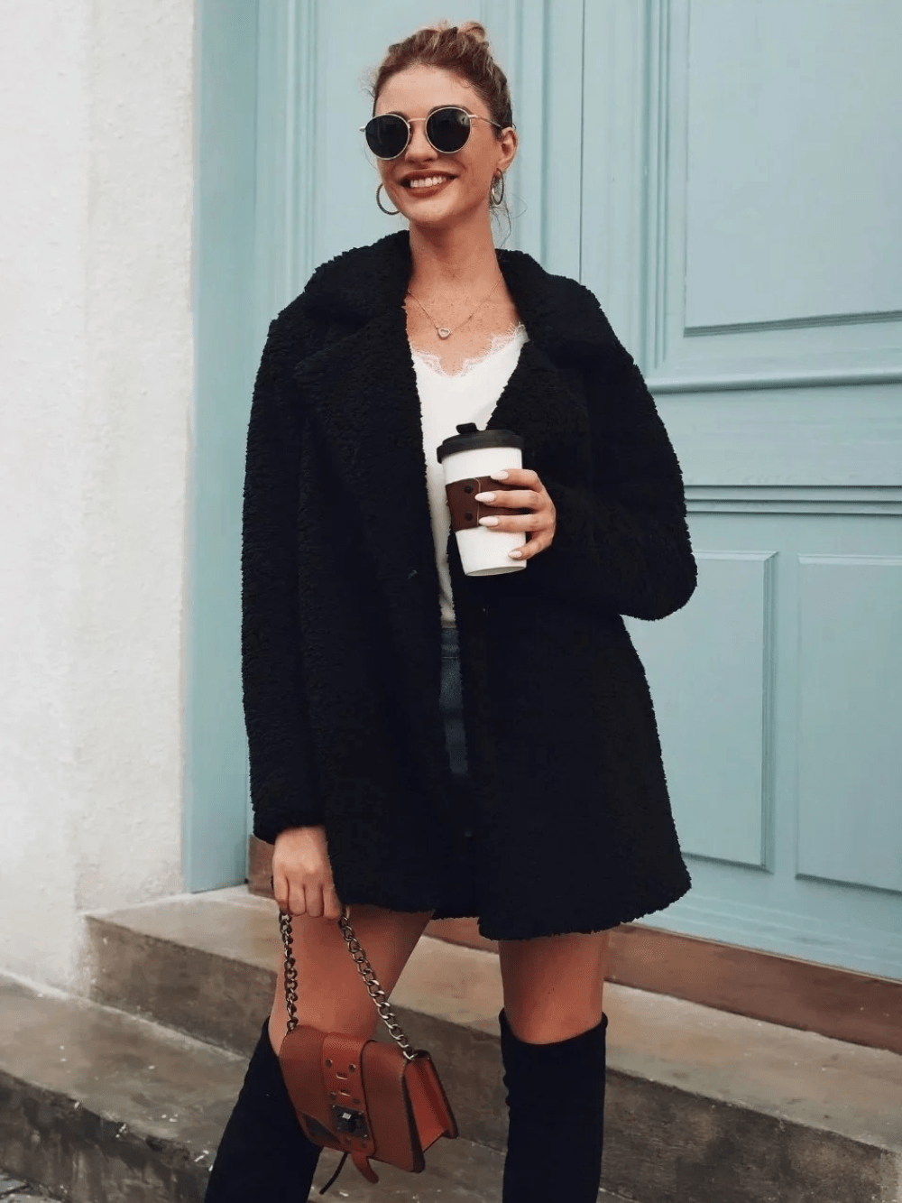 Gemütlicher Teddy - Plüsch - Kurzmantel mit Reverskragen - Livezo