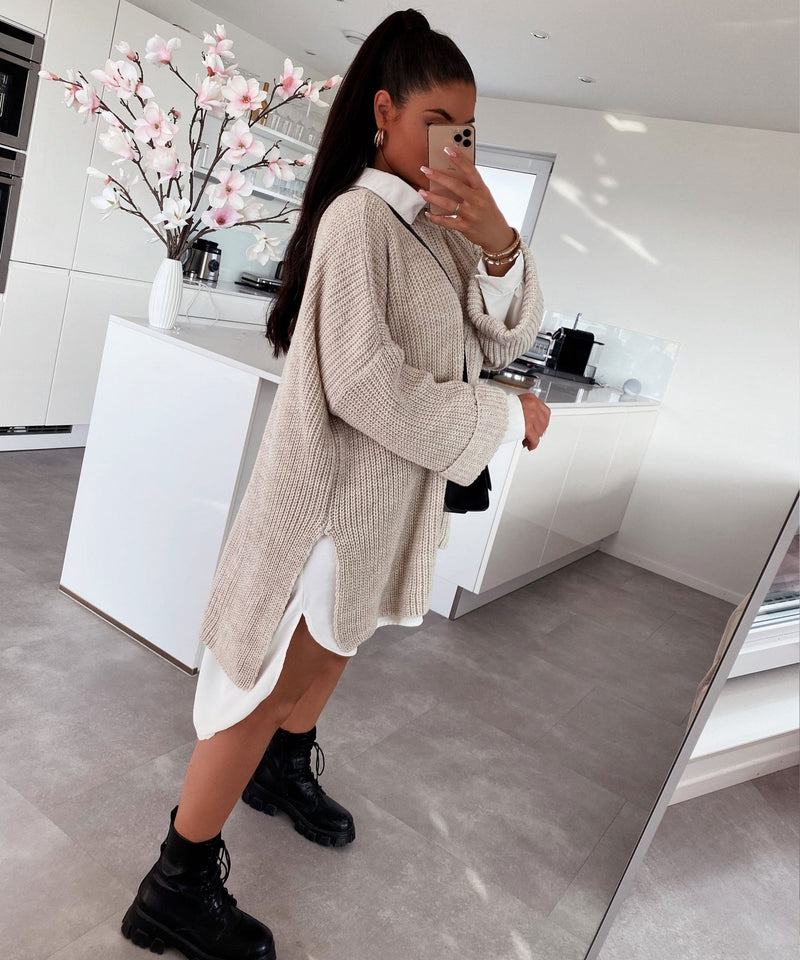 Gemütlicher übergroßer Strickpullover in sanftem Beige - Livezo