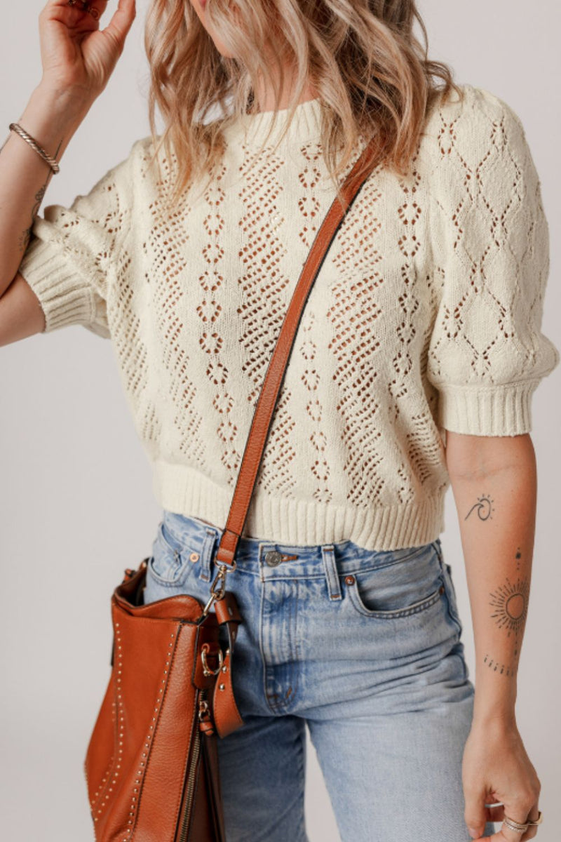 Gesäßter Rundhalsausschnitt Halbarm Strickpullover - Livezo