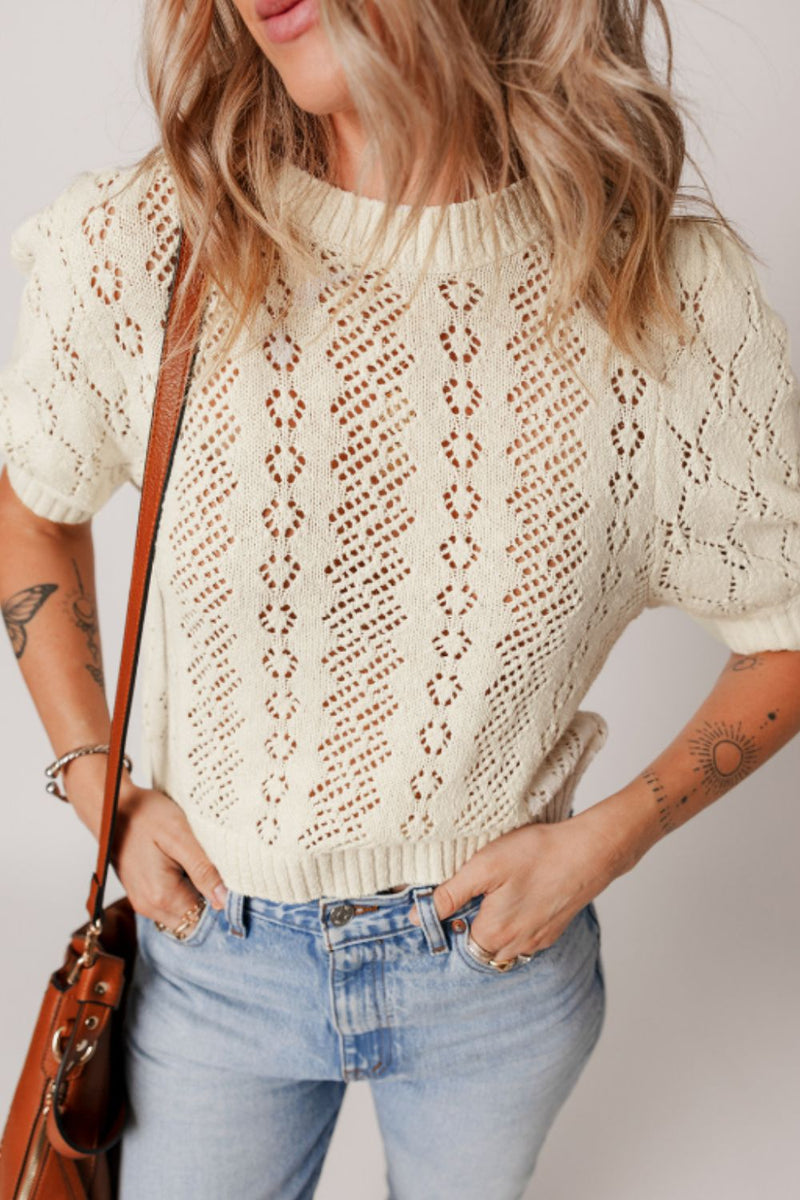 Gesäßter Rundhalsausschnitt Halbarm Strickpullover - Livezo