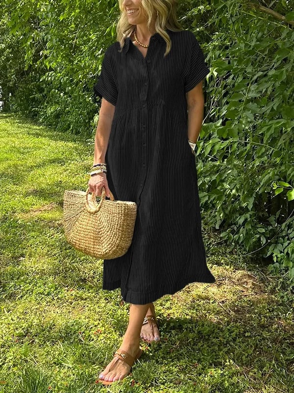 Gestreiftes Hemdblusenkleid mit Revers und Knöpfen für Damen - Livezo
