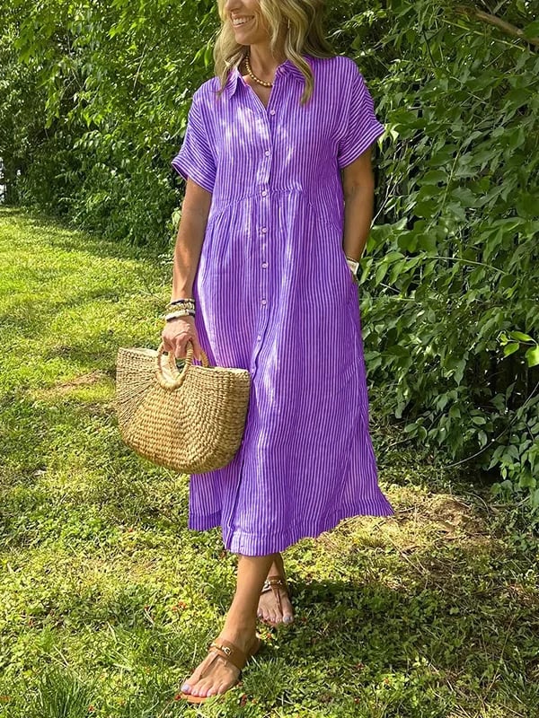 Gestreiftes Hemdblusenkleid mit Revers und Knöpfen für Damen - Livezo