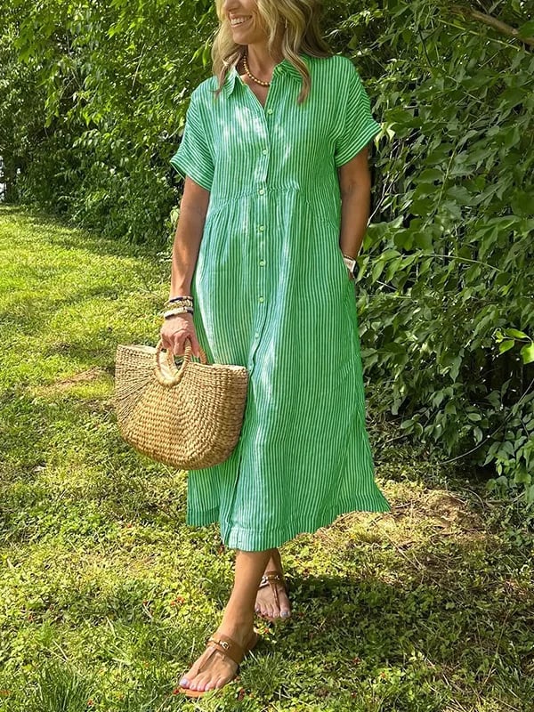 Gestreiftes Hemdblusenkleid mit Revers und Knöpfen für Damen - Livezo