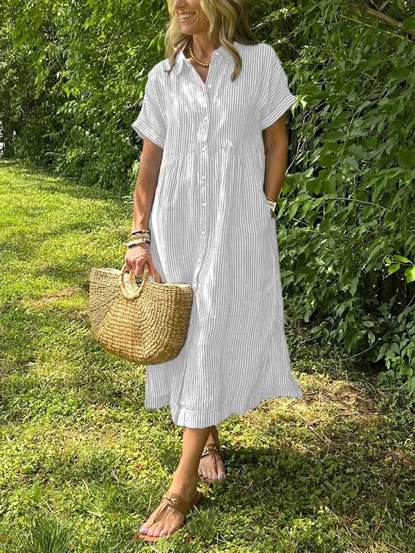 Gestreiftes Hemdblusenkleid mit Revers und Knöpfen für Damen - Livezo