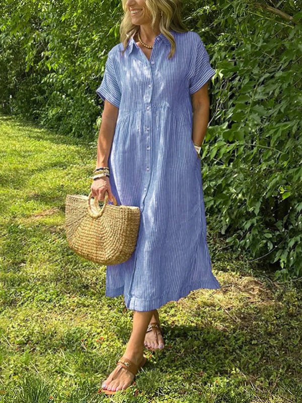 Gestreiftes Hemdblusenkleid mit Revers und Knöpfen für Damen - Livezo