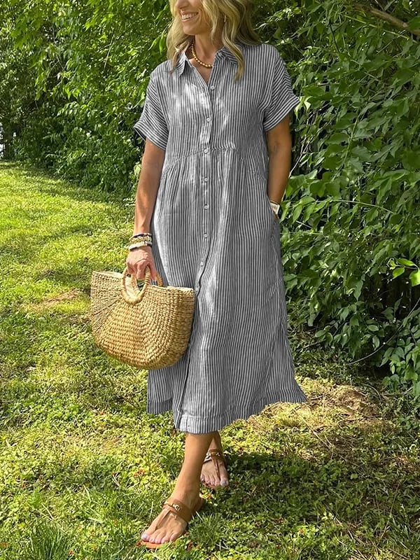 Gestreiftes Hemdblusenkleid mit Revers und Knöpfen für Damen - Livezo