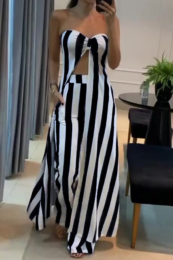 Gestreiftes Off - Shoulder - Oberteil und lockeres, gerade geschnittenes Hosen - Set mit Taschen - Livezo