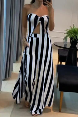 Gestreiftes Off - Shoulder - Oberteil und lockeres, gerade geschnittenes Hosen - Set mit Taschen - Livezo