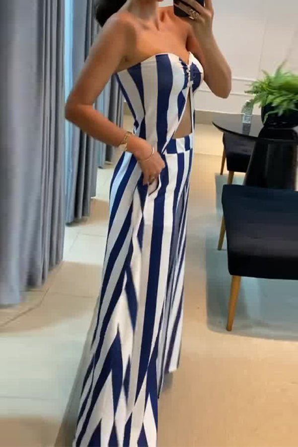 Gestreiftes Off - Shoulder - Oberteil und lockeres, gerade geschnittenes Hosen - Set mit Taschen - Livezo