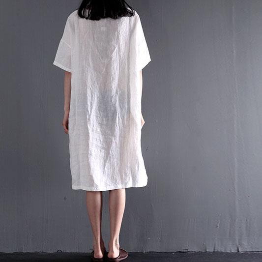 Großgrößen Weißes Leinen Shift - Kleid Sommer Maxikleid - Livezo