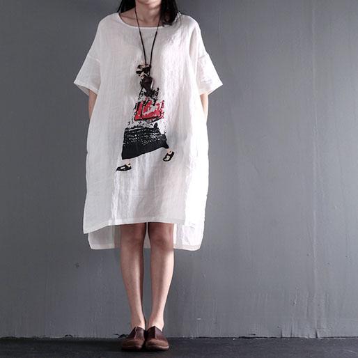 Großgrößen Weißes Leinen Shift - Kleid Sommer Maxikleid - Livezo