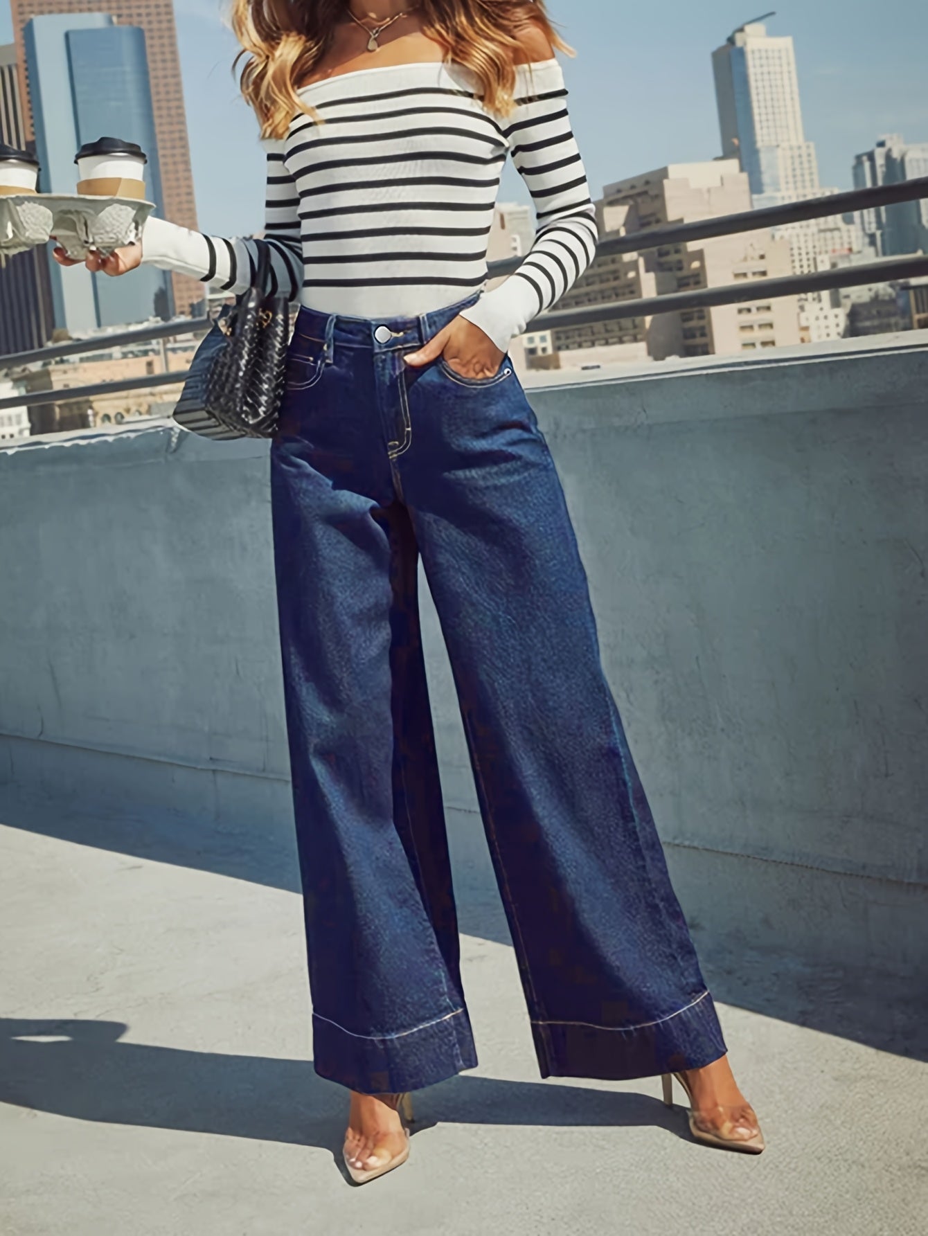 High - Waist Weitgeschnittene Stretch - Denim - Jeans mit Umschlagsaum - Livezo