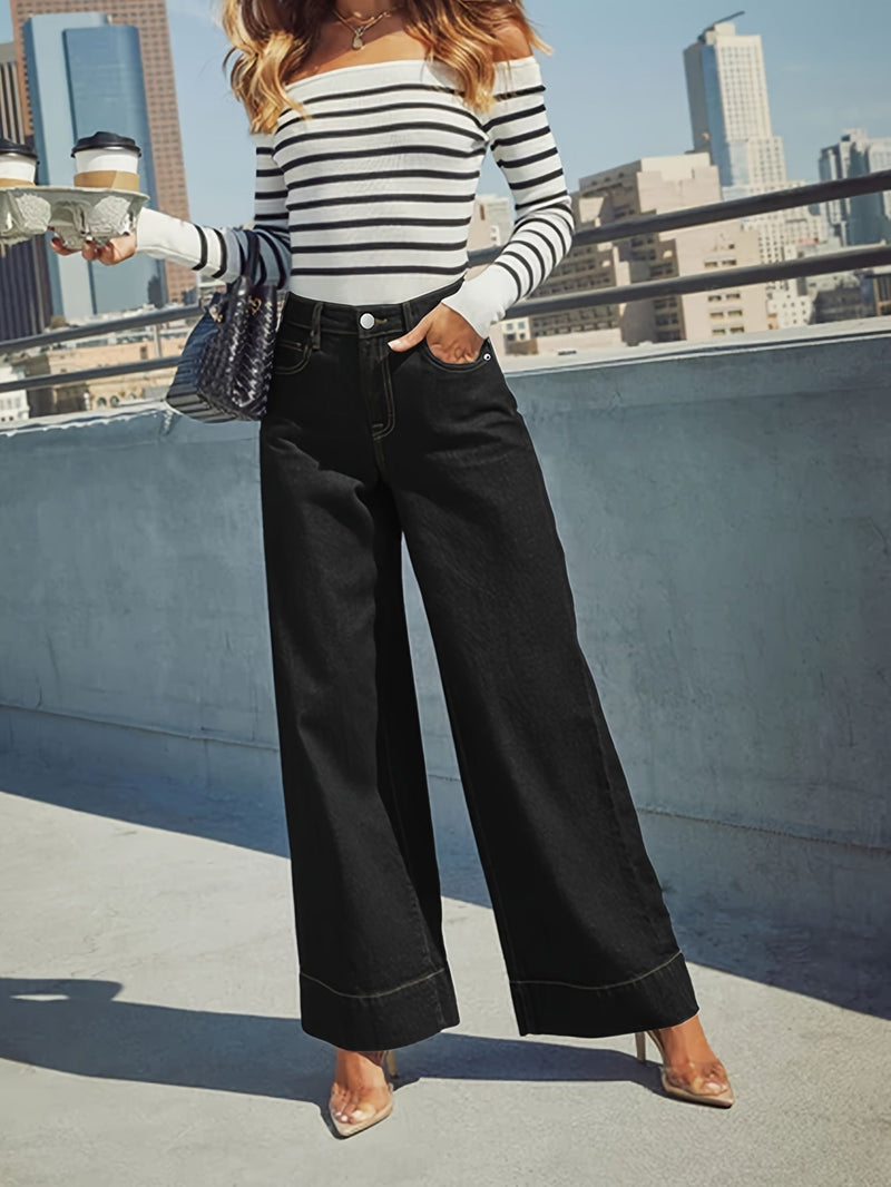 High - Waist Weitgeschnittene Stretch - Denim - Jeans mit Umschlagsaum - Livezo