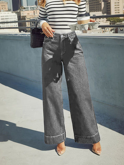 High - Waist Weitgeschnittene Stretch - Denim - Jeans mit Umschlagsaum - Livezo