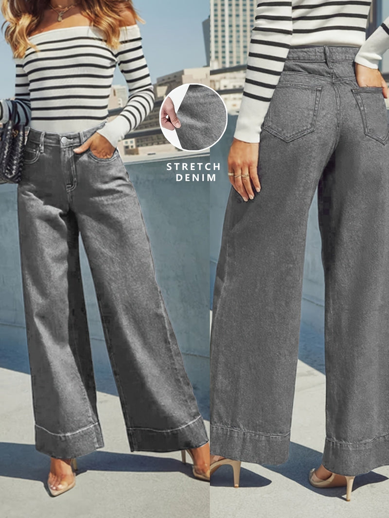 High - Waist Weitgeschnittene Stretch - Denim - Jeans mit Umschlagsaum - Livezo