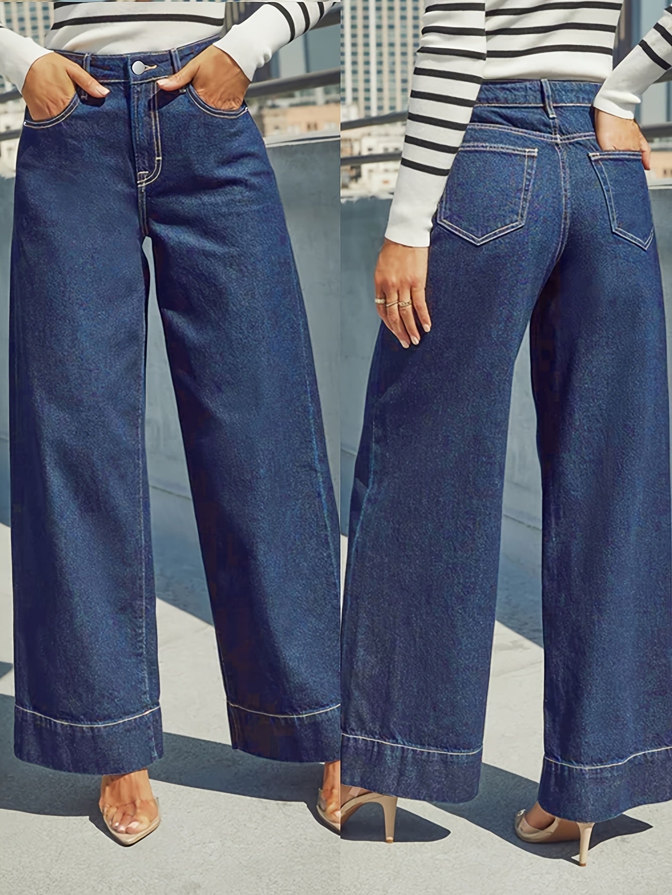 High - Waist Weitgeschnittene Stretch - Denim - Jeans mit Umschlagsaum - Livezo