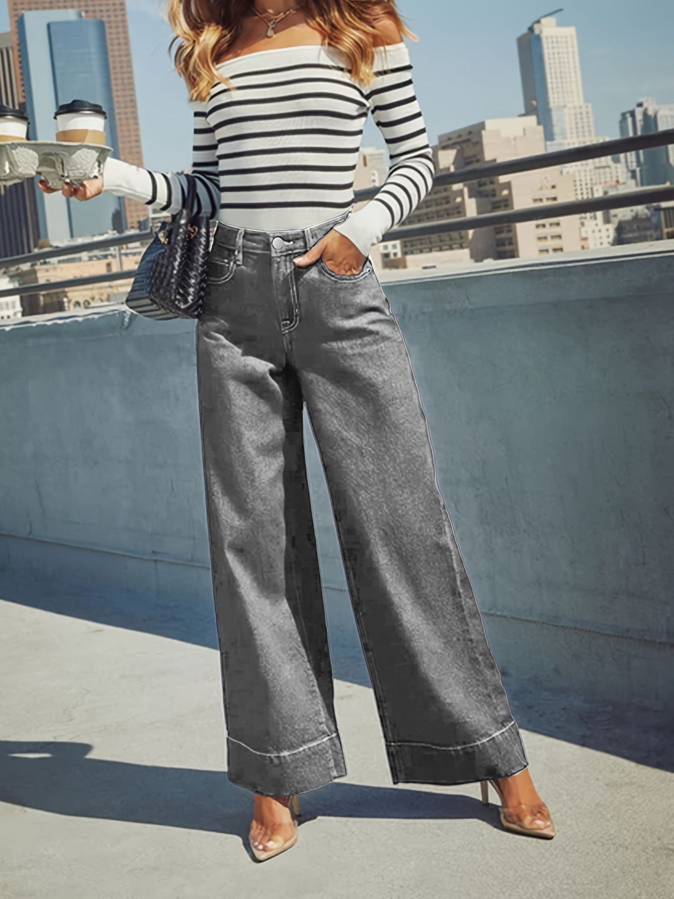 High - Waist Weitgeschnittene Stretch - Denim - Jeans mit Umschlagsaum - Livezo