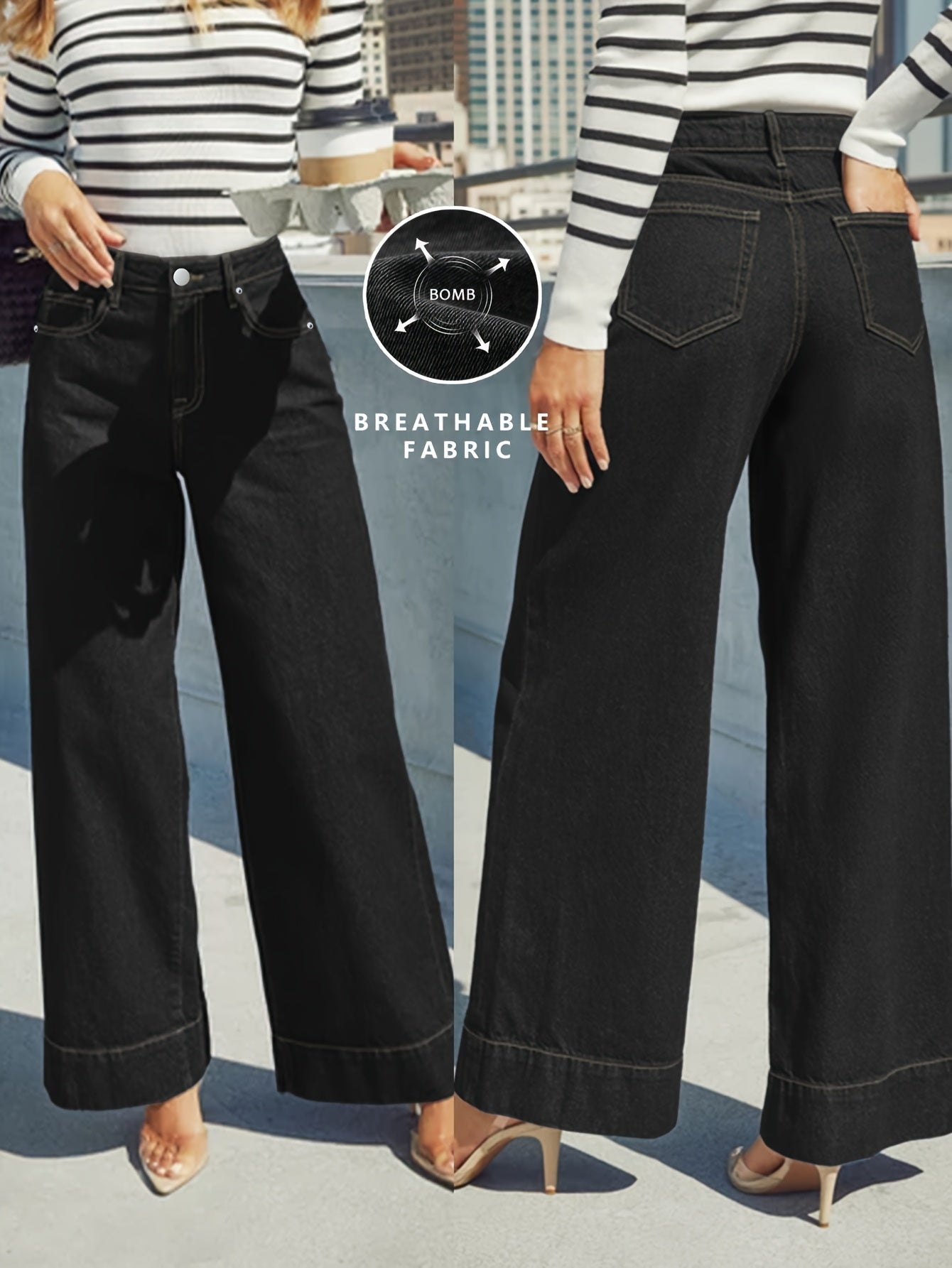 High - Waist Weitgeschnittene Stretch - Denim - Jeans mit Umschlagsaum - Livezo