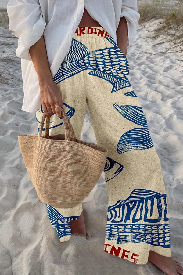 Hosen mit maritimem Print, elastischem Bund, lockerem Schnitt und Taschen - Livezo