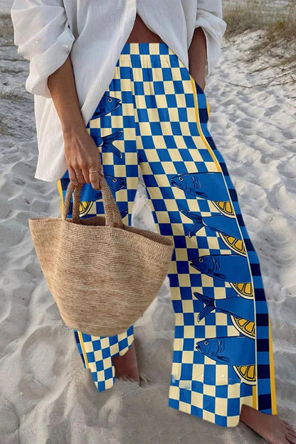 Hosen mit maritimem Print, elastischem Bund, lockerem Schnitt und Taschen - Livezo