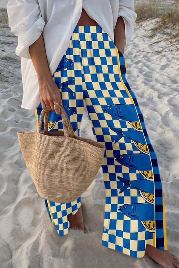 Hosen mit maritimem Print, elastischem Bund, lockerem Schnitt und Taschen - Livezo