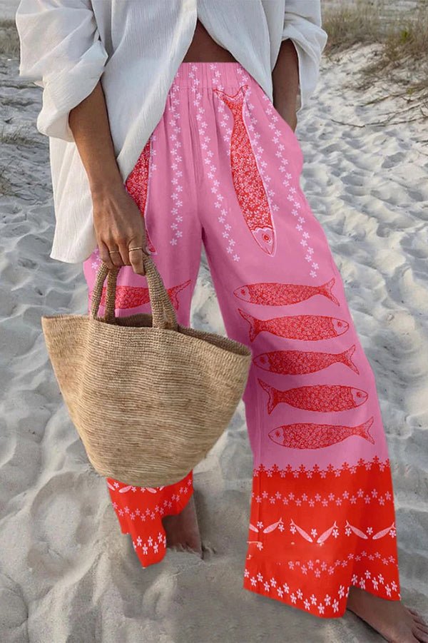 Hosen mit maritimem Print, elastischem Bund, lockerem Schnitt und Taschen - Livezo