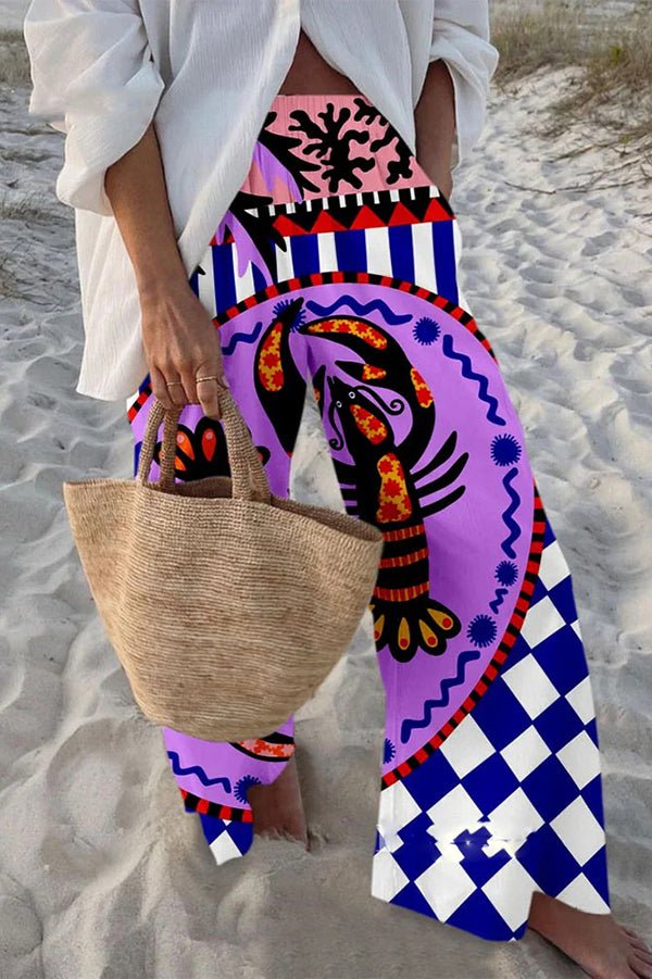 Hosen mit maritimem Print, elastischem Bund, lockerem Schnitt und Taschen - Livezo