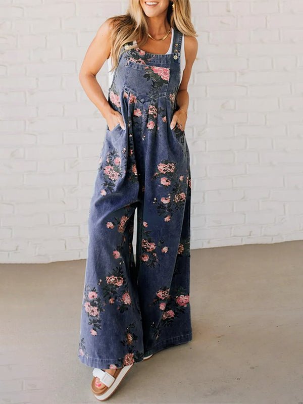 Jeanslatzhose mit weitem Bein und Blumenmuster - Livezo