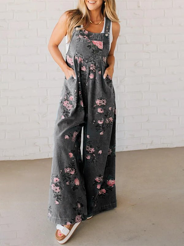Jeanslatzhose mit weitem Bein und Blumenmuster - Livezo