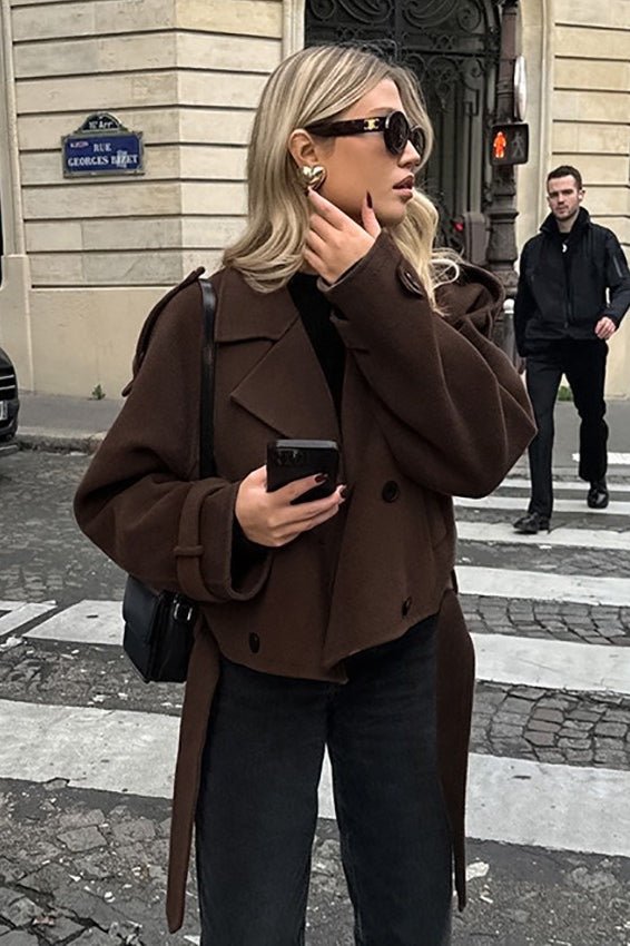 Klassische braune Wollmischung Doppelreihige Jacke für Herbstlagen - Livezo