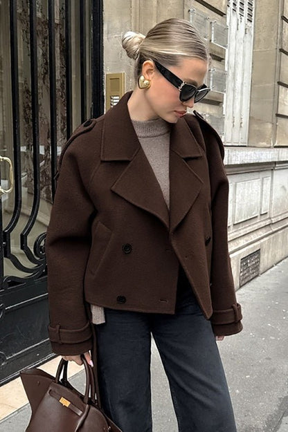 Klassische braune Wollmischung Doppelreihige Jacke für Herbstlagen - Livezo