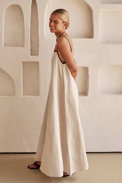 Kontrast Leinen Maxi - Kleid - Livezo