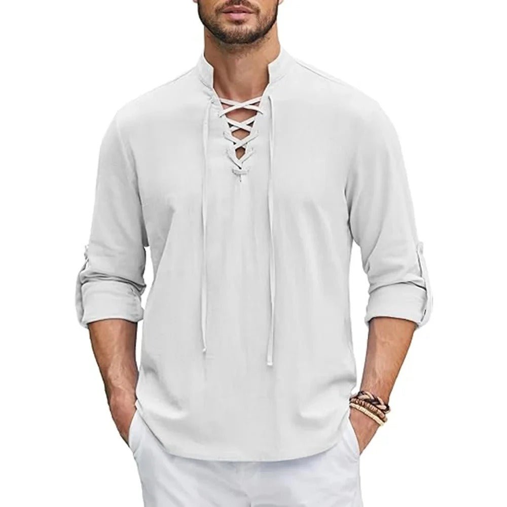 Lace - Up Shirt with Stand - Up Collar - Harren Cole