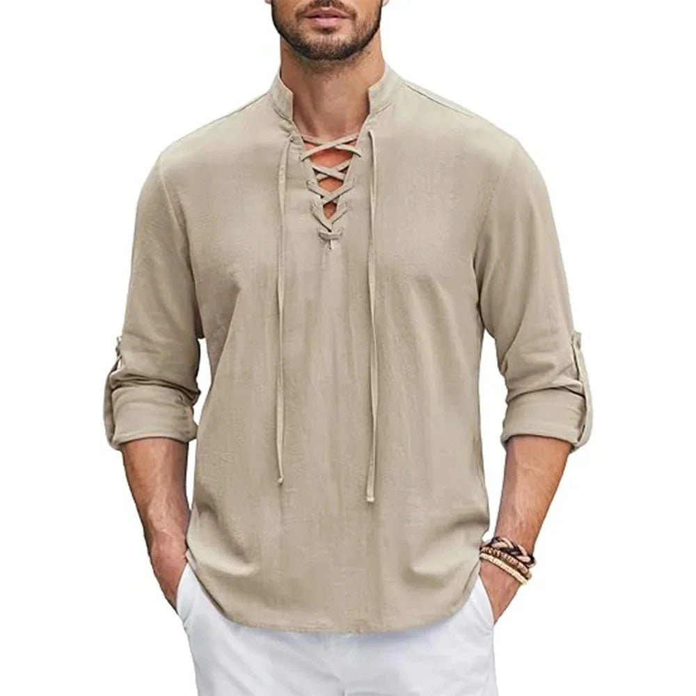 Lace - Up Shirt with Stand - Up Collar - Harren Cole
