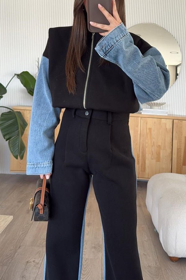 Lässige Jeans - Patchwork - Sweatshirtjacke mit Reißverschluss - Livezo