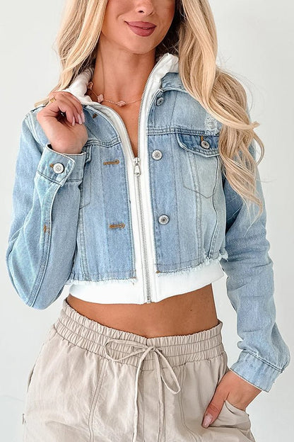 Lässige Jeansjacke mit Kapuze und Patchwork - Muster - Livezo