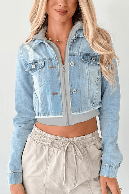 Lässige Jeansjacke mit Kapuze und Patchwork - Muster - Livezo
