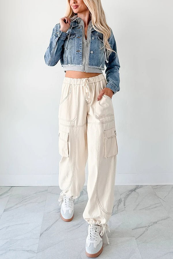 Lässige Jeansjacke mit Kapuze und Patchwork - Muster - Livezo