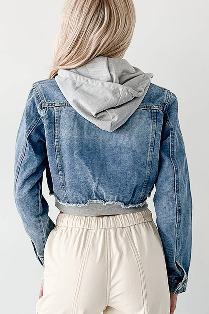 Lässige Jeansjacke mit Kapuze und Patchwork - Muster - Livezo