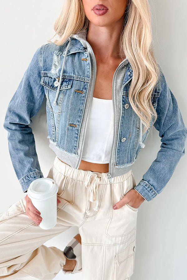 Lässige Jeansjacke mit Kapuze und Patchwork - Muster - Livezo