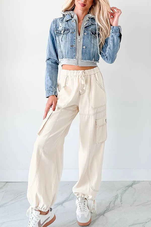 Lässige Jeansjacke mit Kapuze und Patchwork - Muster - Livezo