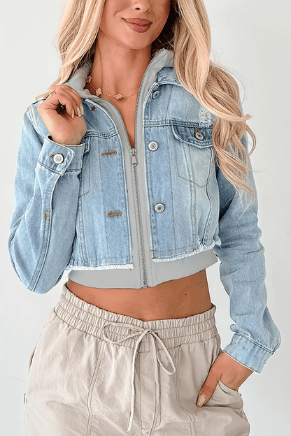 Lässige Jeansjacke mit Kapuze und Patchwork - Muster - Livezo
