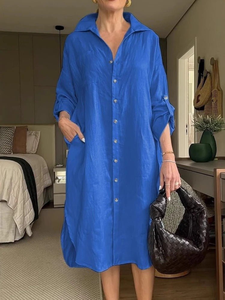 Lässiges Baumwoll - Leinenkleid mit Volants und Karree - Ausschnitt - Livezo