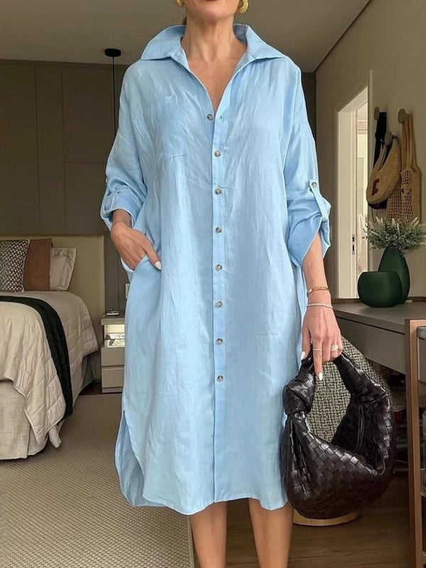 Lässiges Baumwoll - Leinenkleid mit Volants und Karree - Ausschnitt - Livezo