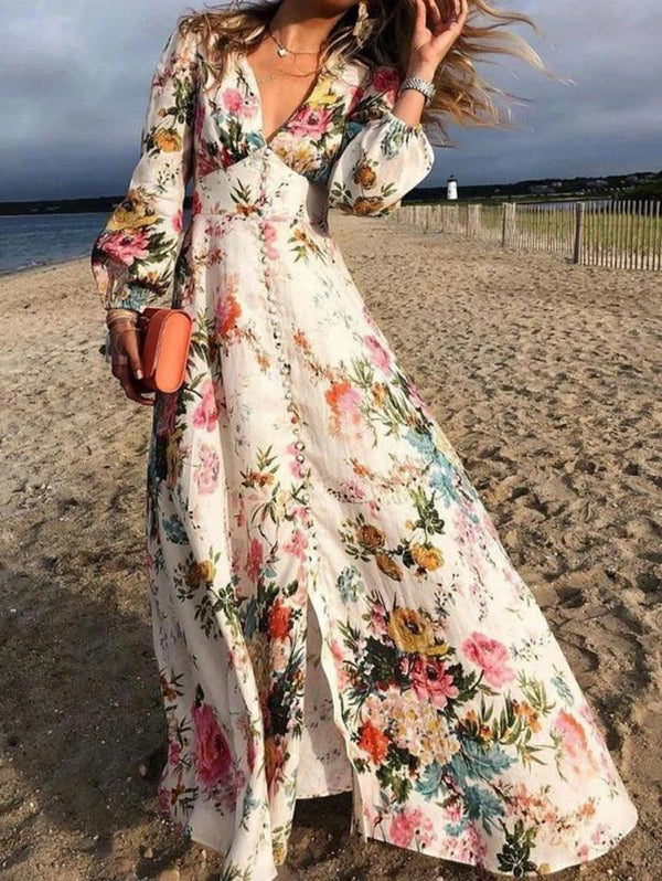 Lässiges Maxikleid mit V - Ausschnitt und Blumenmuster - Livezo