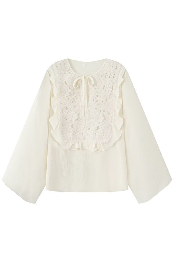 Lässiges Shirt mit Taillenschnürung, Hohlstickerei und Rundhalsausschnitt - Livezo