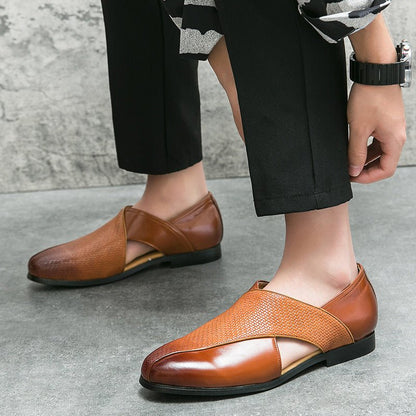 Leather Woven Detail Loafers Brown and Black - Harren Cole