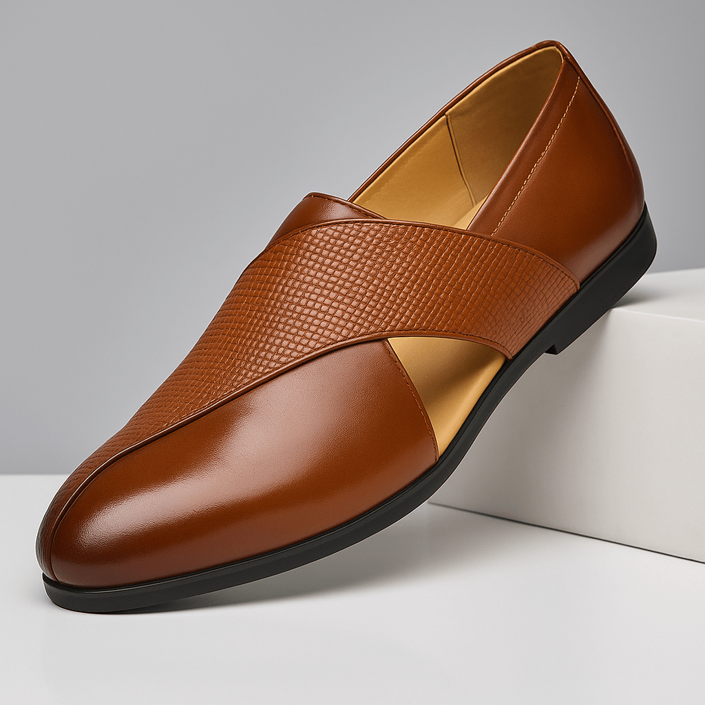 Leather Woven Detail Loafers Brown and Black - Harren Cole