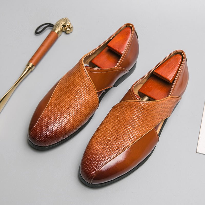 Leather Woven Detail Loafers Brown and Black - Harren Cole