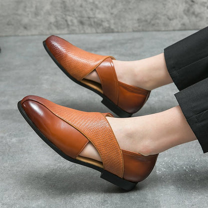 Leather Woven Detail Loafers Brown and Black - Harren Cole